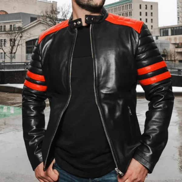 Black moto style jacket with shoulder and arm patches