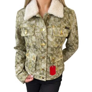 LOUIS VUITTON Vintage Monogram LV Logo Denim Jacket  Camouflage Green Cotton