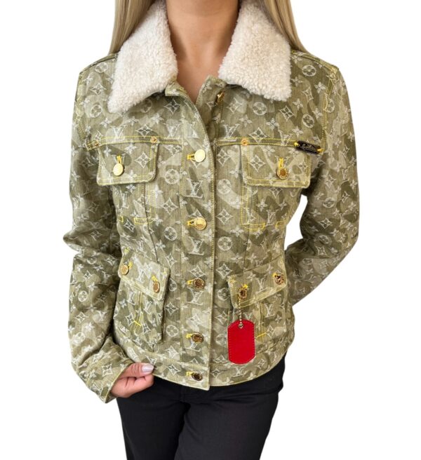 LOUIS VUITTON Vintage Monogram LV Logo Denim Jacket  Camouflage Green Cotton